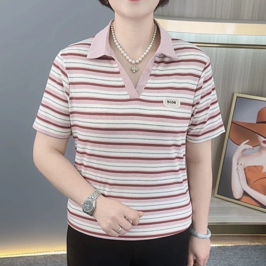 夏季新款精致翻领条纹设计中老年妈妈装休闲百搭短袖上衣H1366