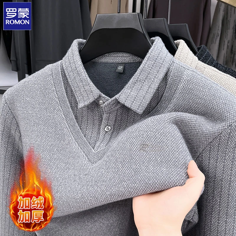 Romon/罗蒙2025秋冬季新款加绒加厚假两件长袖针织衫刺绣保暖上衣