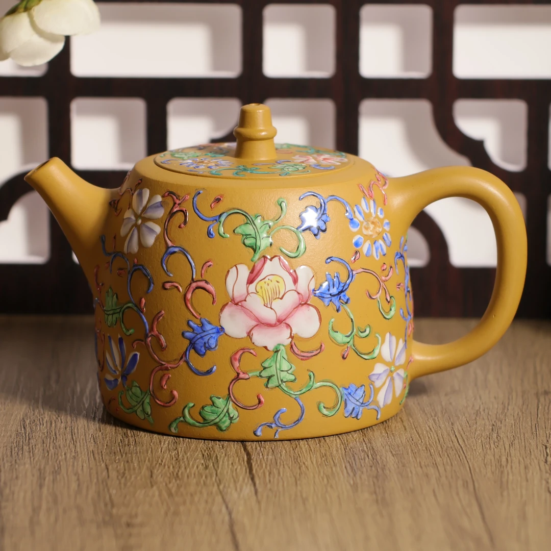 宜兴原矿紫砂 珐琅彩 汉铎壶