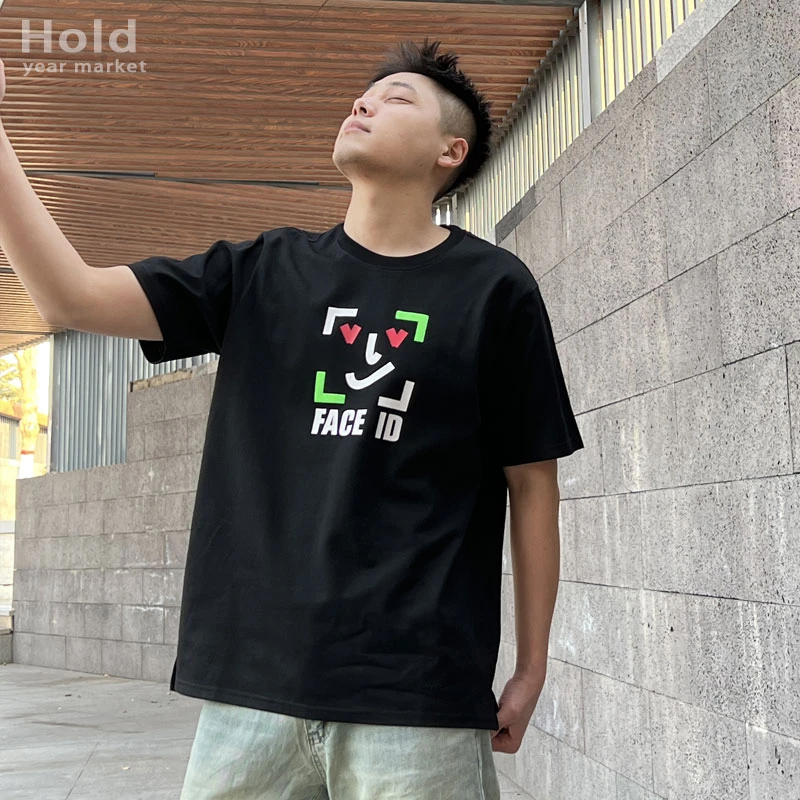 美式高街原创短袖ins潮牌短袖t恤男士百搭宽松潮流圆领黑色白半袖