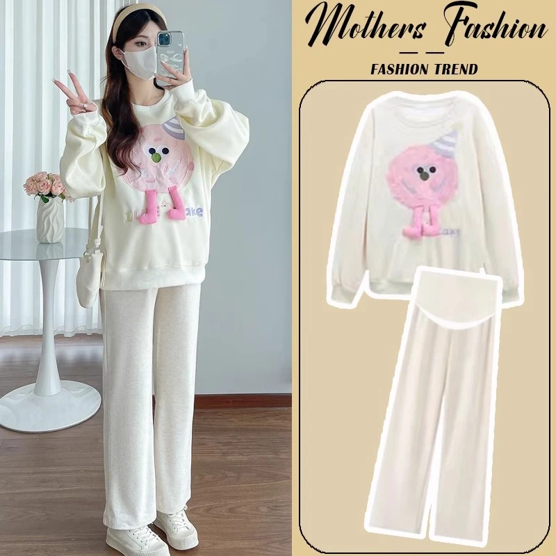 孕妇套装春秋2025新款韩版减龄圆领杏色卫衣宽松休闲裤子两件套女