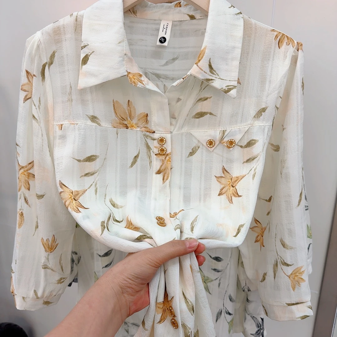 法式衬衫宽松型V领碎花薄款时尚设计感印花夏季显瘦气质衬衣复古