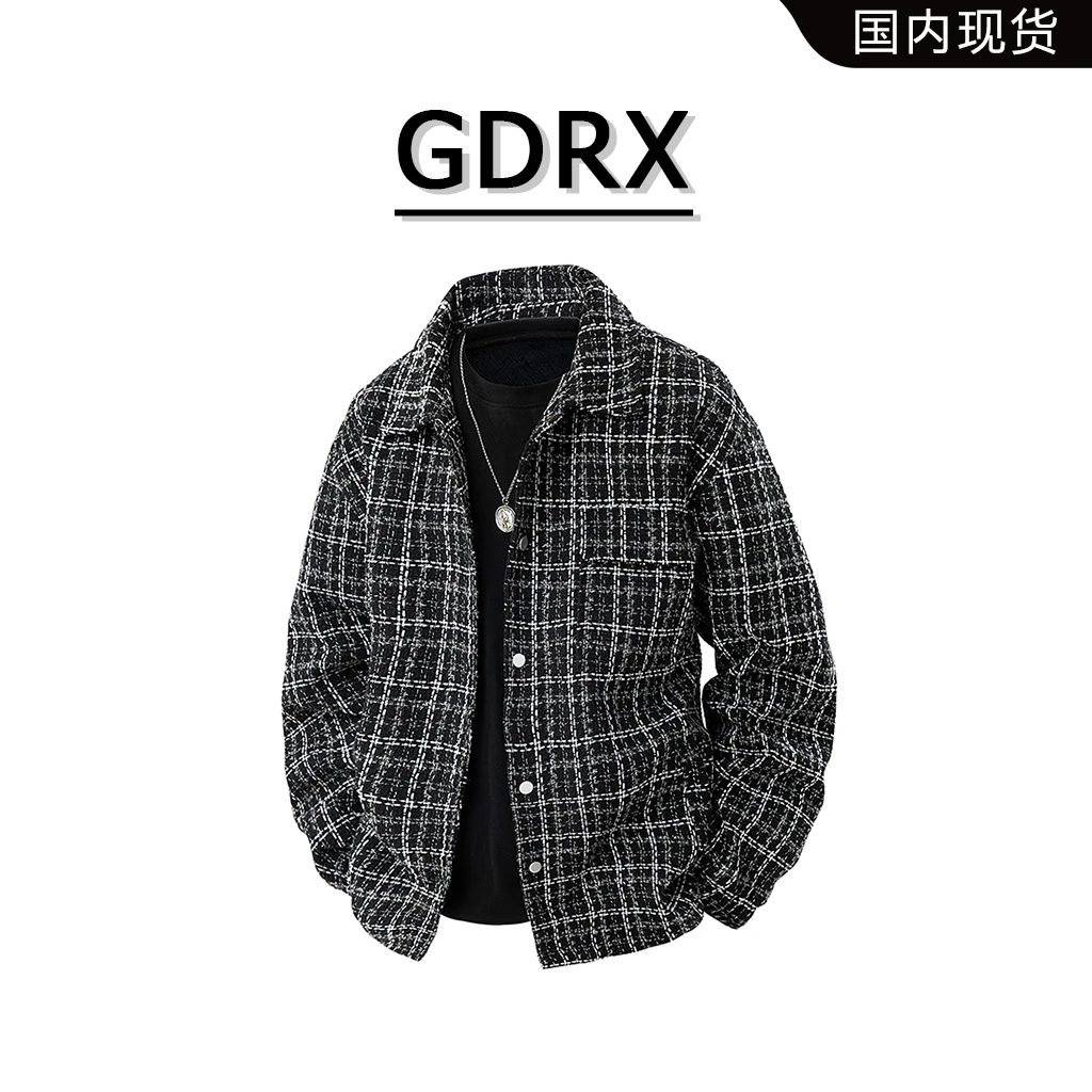 GDRX小香风翻领男士夹克2025春季新款千鸟格休闲上衣时尚宽松外套