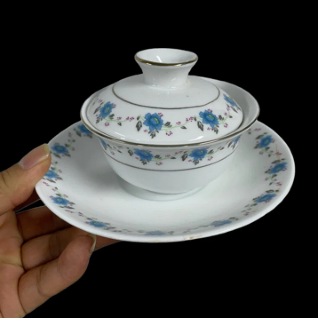 景德镇陶瓷老厂货库存老瓷小兰花三才盖碗主人杯茶具茶器收藏摆件