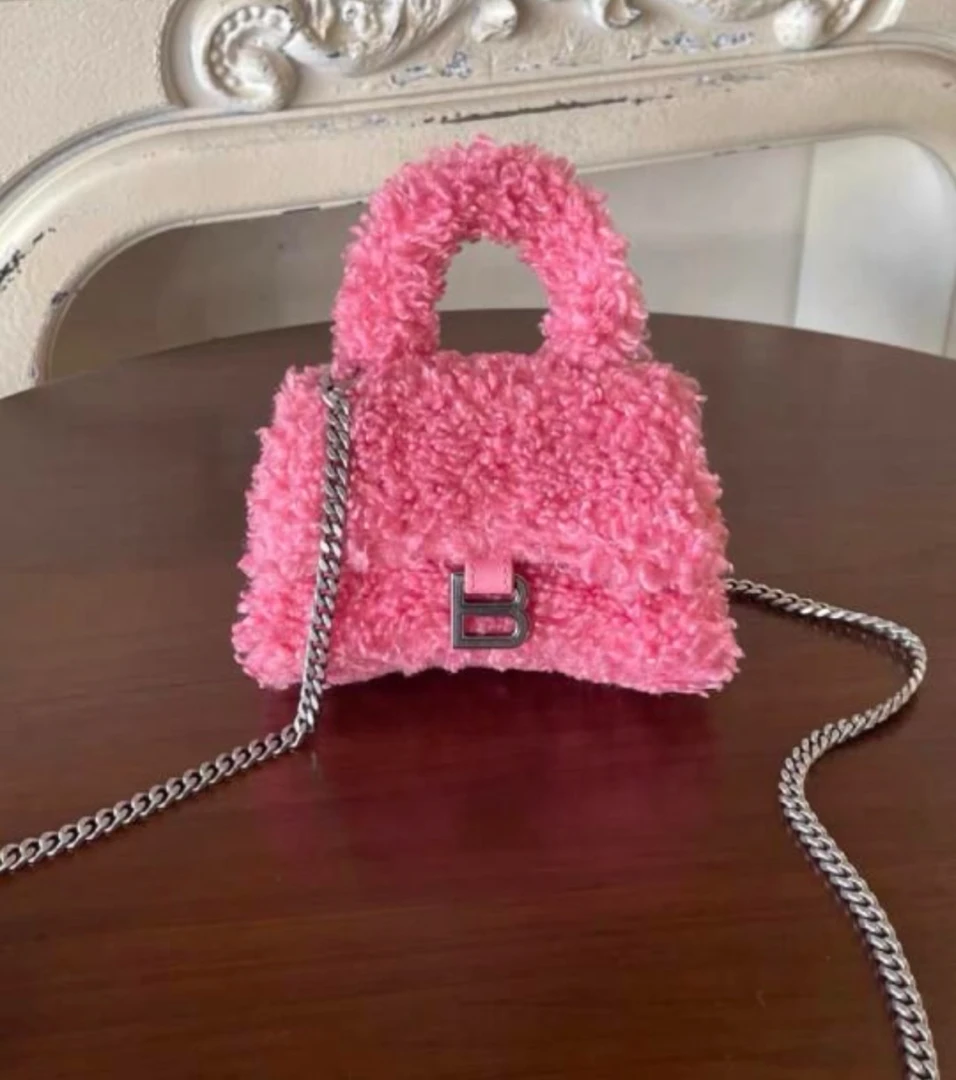 95新 Balenciaga/巴黎世家 粉色毛毛mini沙漏包 13cm 12091728