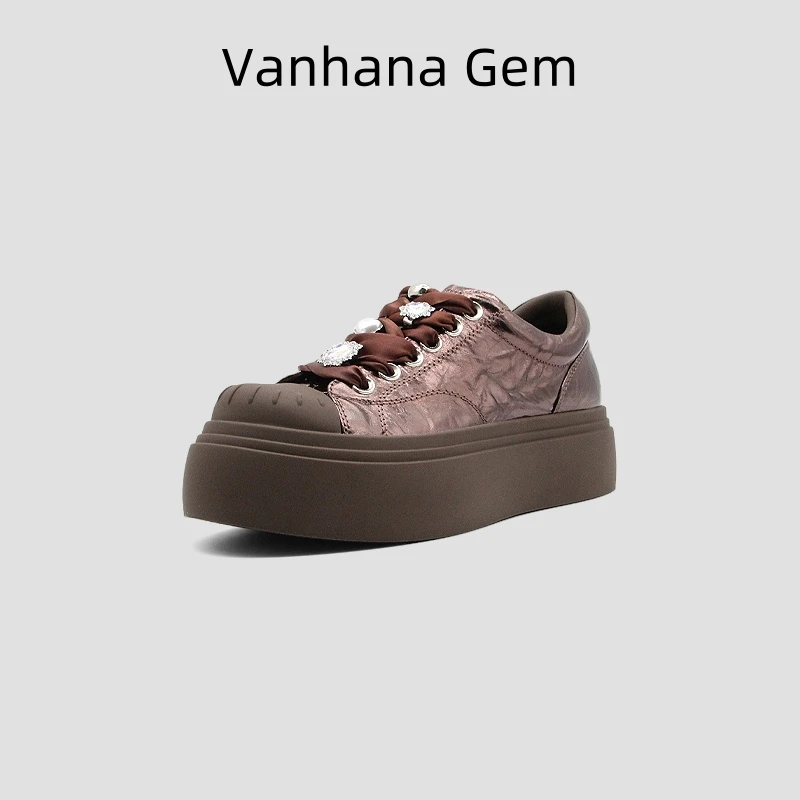 VANHANA GEM欧货新款真皮厚底休闲女鞋系带低帮圆通时尚板鞋女