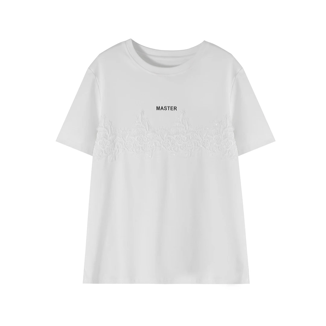 2025春夏新款欧若风蕾丝亮片圆领韩版T恤2299