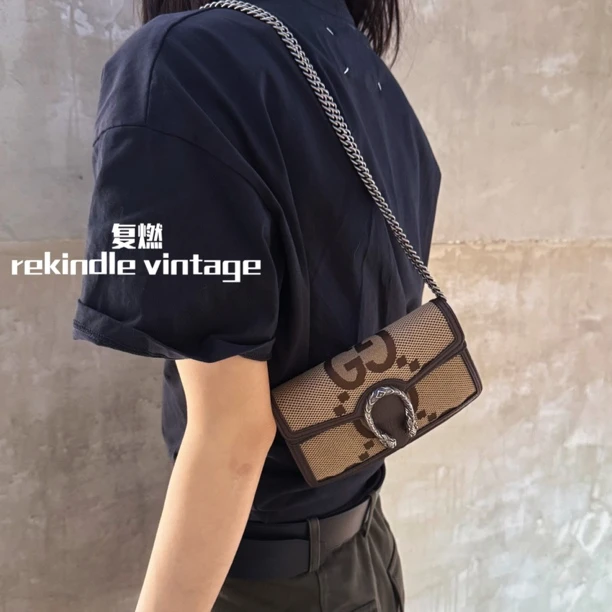 95新 GUCCI/古驰 复燃精选/棕色双G大logo酒神mini斜挎包