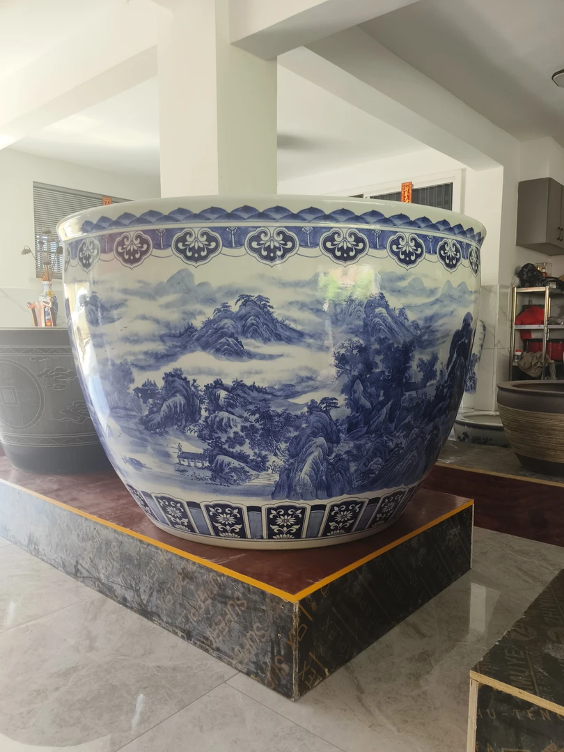 新景乐陶瓷青花门海流水鱼缸荷花大缸直径120✘高85