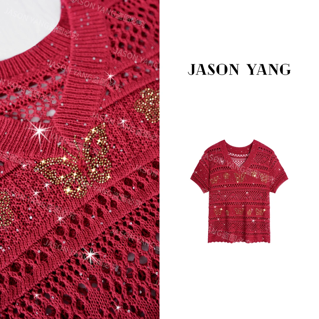 现货丽丽家  夏季新款金喜镂空V领亮钻显瘦显白百搭上衣