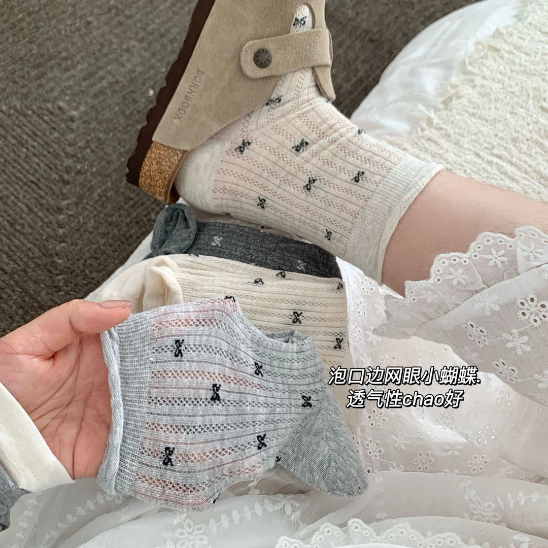 袜子女ins风蝴蝶结袜子女夏薄款堆堆袜女搭配小皮鞋卷边女袜百搭