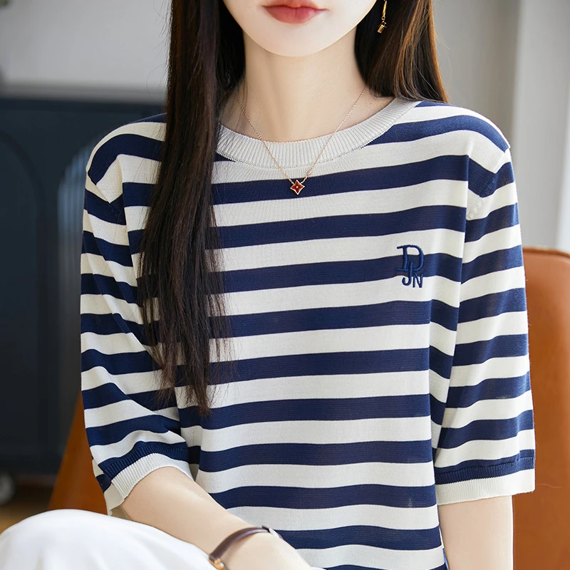 NSY385条纹短袖T恤女新款夏季薄款宽松显瘦洋气高级感冰丝