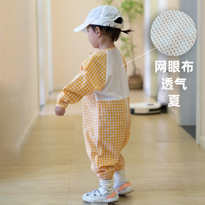 婴儿外出爬服夏季天薄款儿童连体罩衣防脏户外纯棉透气宝宝爬行服