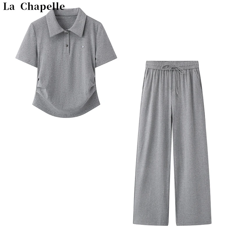 La Chapelle/拉夏贝尔洋气套装女灰色polo衫短袖阔腿卫裤两件套