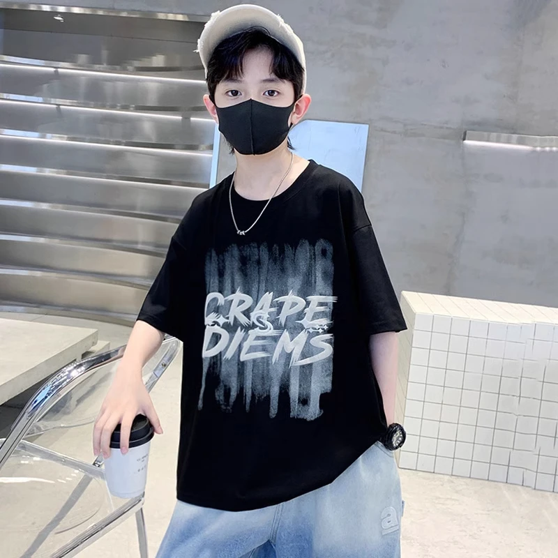 夏季新款圆领t恤100%纯棉短袖男女童装宽松洋气潮流网红学生上衣