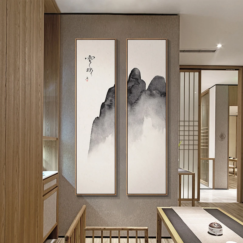 新中式玄关走廊过道装饰画楼梯挂画竖版茶室禅意壁画山水画水墨画