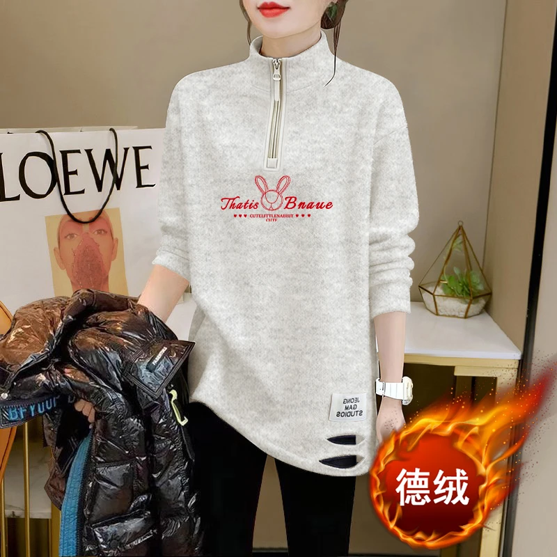 秋冬新款中长款半高领拉链设计显瘦德绒T恤洋气女休闲加绒打底衫