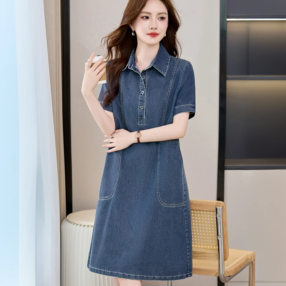 休闲薄款牛仔连衣裙女夏季2025新款短袖洋气A字裙宽松大码衬衫裙