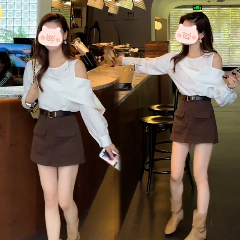 法式气质斜肩长袖衬衫女秋季新款设计感小众修身显瘦百搭两件套潮