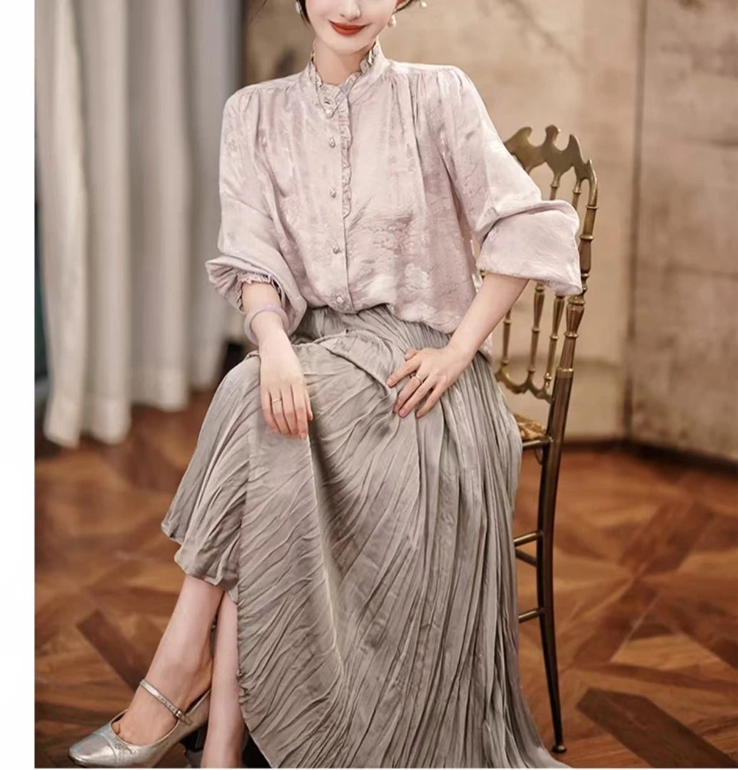 西湖美景2025款紫色中国风长袖衬衫女春夏季新款中老年织锦