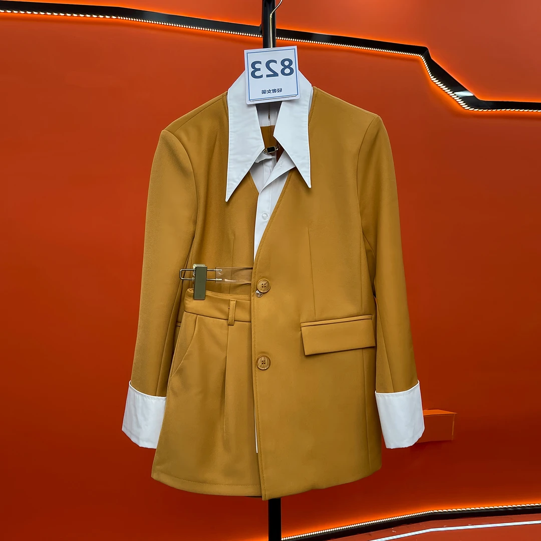 莱诗库823新款2025洋气撞色西服韩版秋新品假两件西装宽松套装