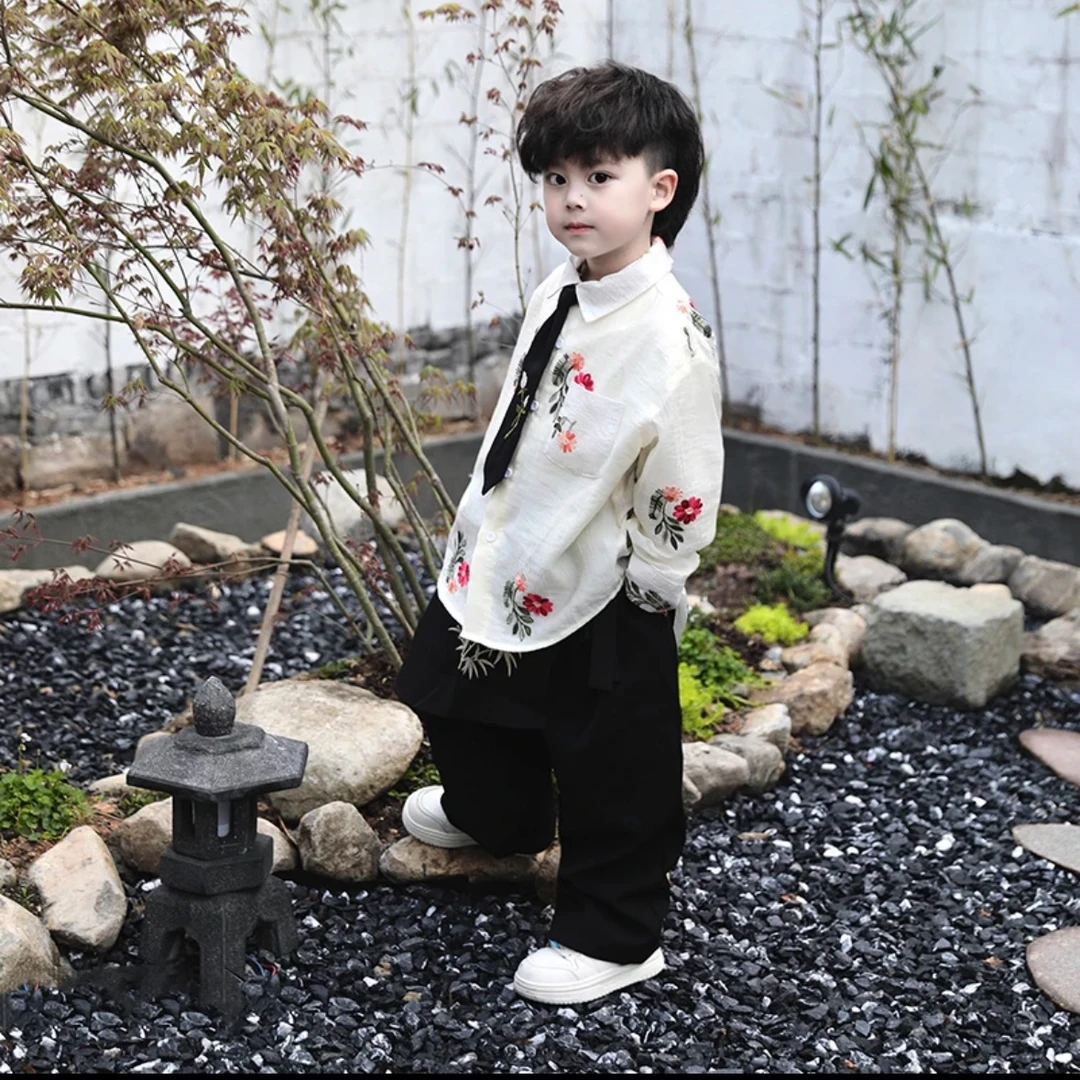 Jimmy妈童装【陌上人如玉】春季新款儿童刺绣花朵轻薄国风衬衫