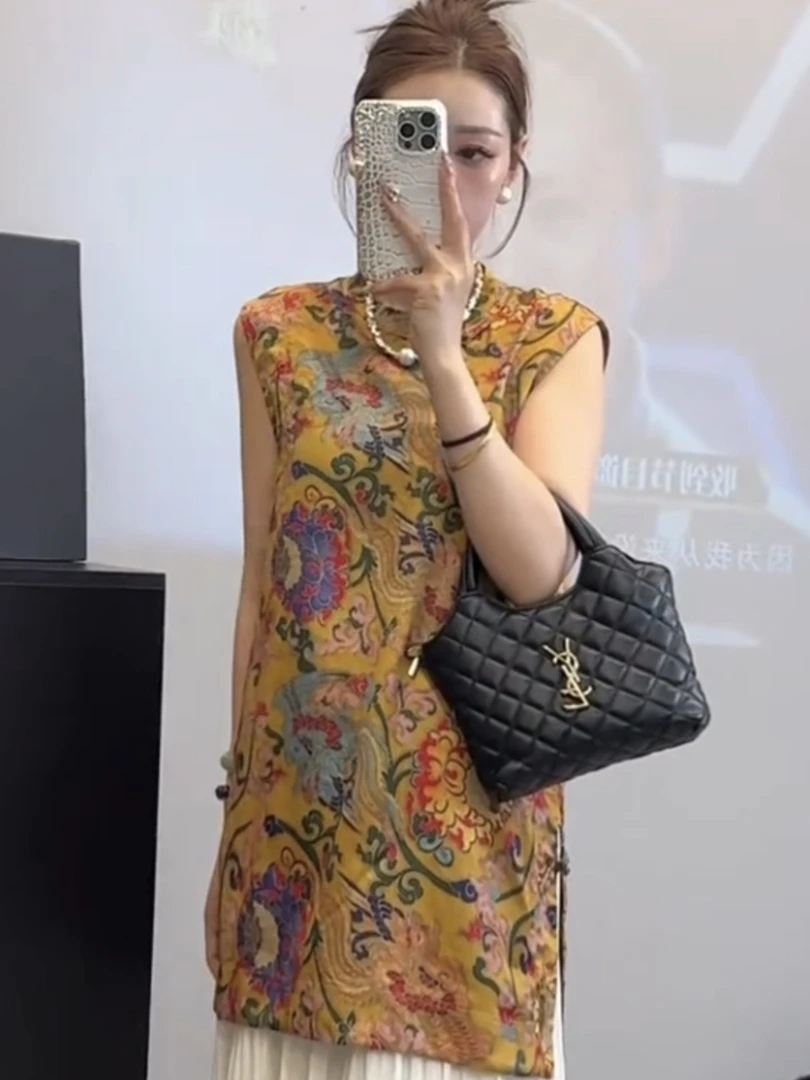 立领中长款宽松型重工提花盘扣女夏季上衣百搭时尚长款国风拼接