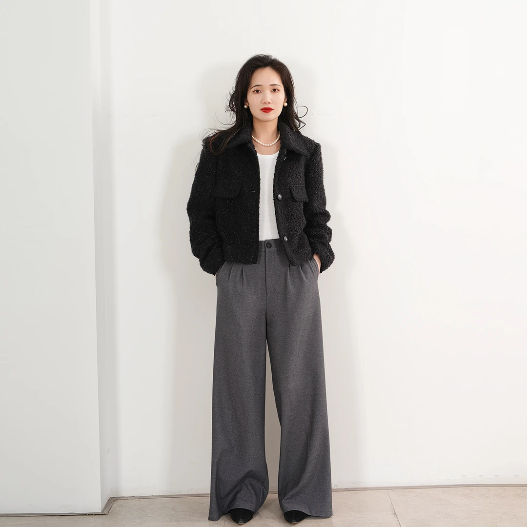 EKNR羊驼+马海毛短外套女翻领双排扣2025秋冬新款粗花呢毛呢外套