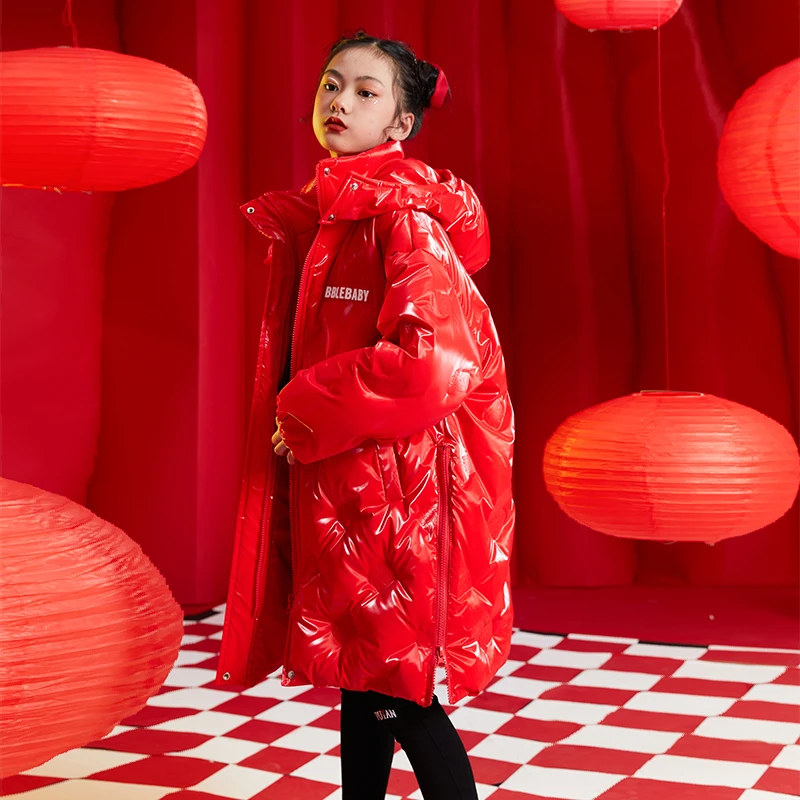 雨星雨嫣女童羽绒服中长款2025新款韩版洋气冬装红色年服儿童外套
