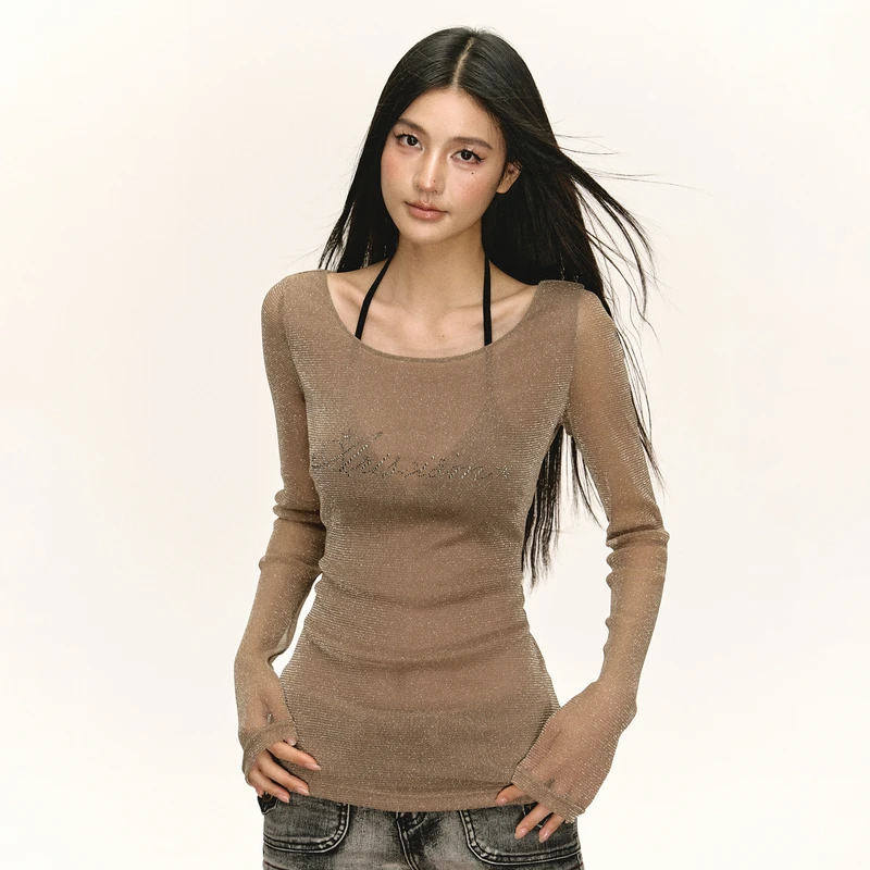 Ariseism 美式复古薄款微透罩衫长袖T恤女2025秋季新款修身上衣