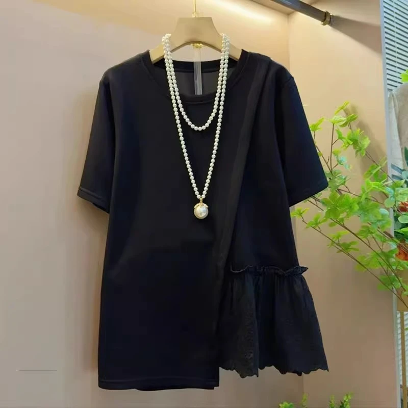 大码女装设计感侧拼接蕾丝短袖t恤胖MM宽松减龄圆领中长款上衣夏