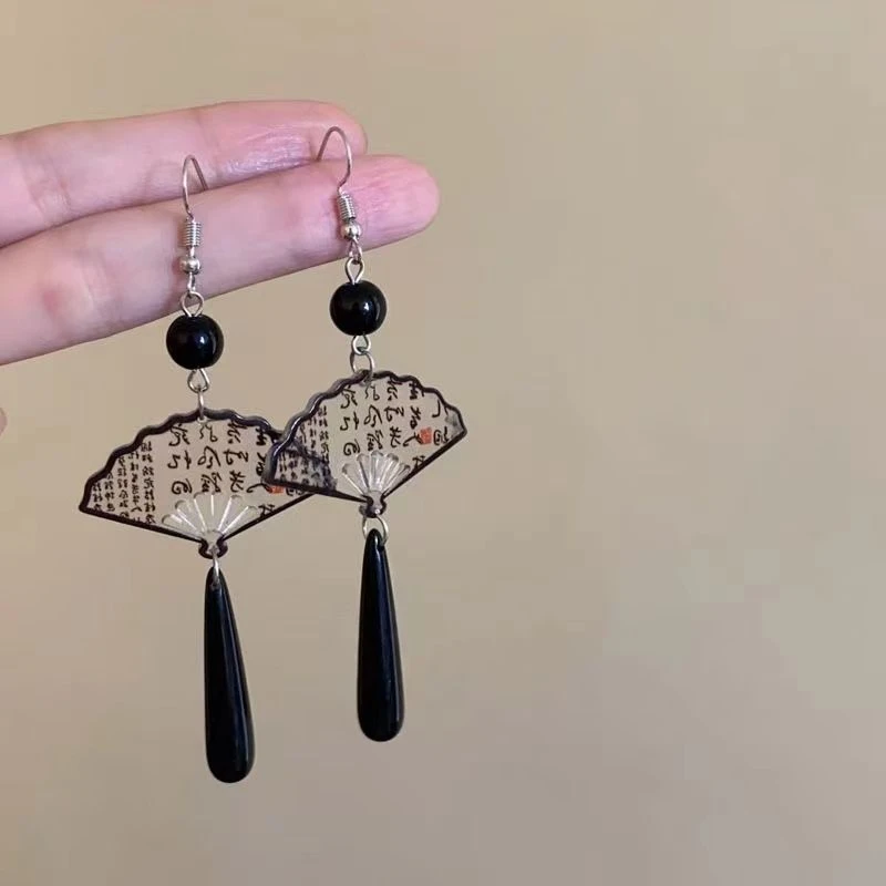 合金耳饰 新中式黑色扇子耳环202新款爆款轻奢高级感国风耳饰女