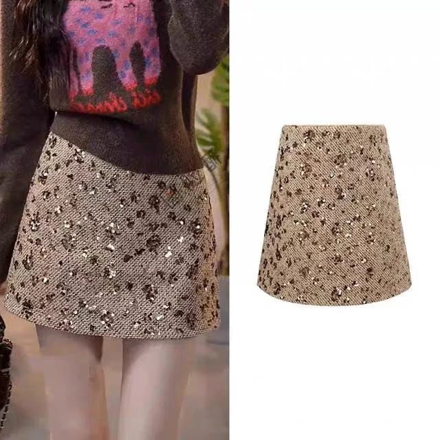 小香风亮片高腰a字裙子高级设计感小众气质包臀短裙