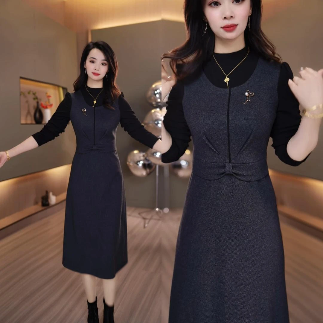 J上新高级灰连衣裙捏褶收腰明线装饰设计感长袖裙子简约高档