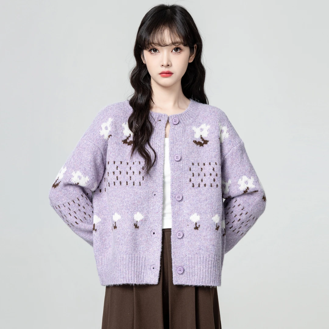 紫色圆领毛衣外套女秋冬2025秋季新款复古费尔岛提花针织开衫上衣