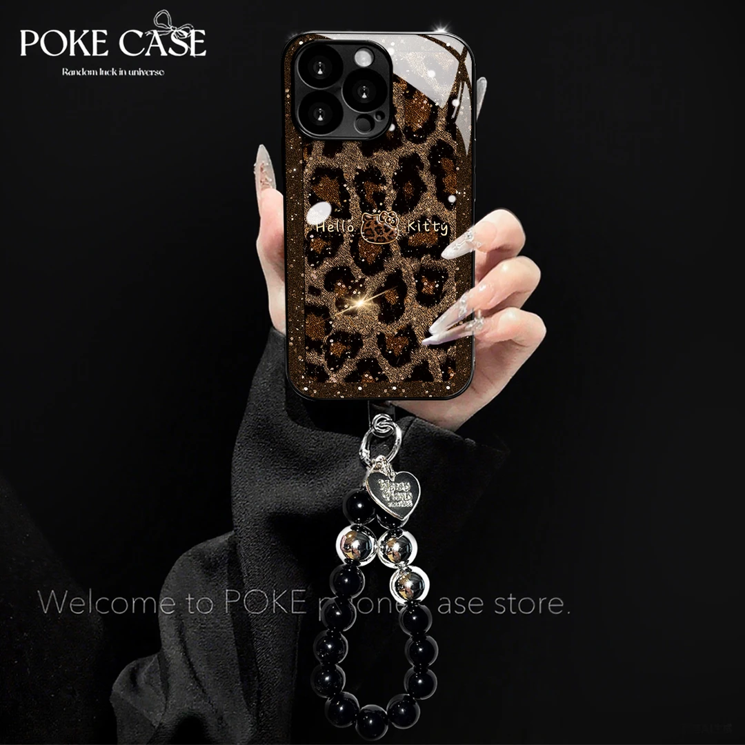 高级电镀玻璃凯蒂豹纹适用苹果oppo华为vivo小米手链手机壳