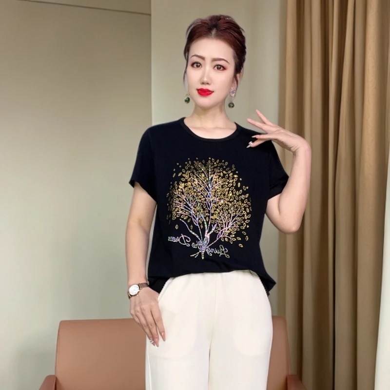 初淇简爱高贵优雅风女士棉质短袖时尚百搭显瘦大码女装小衫8803
