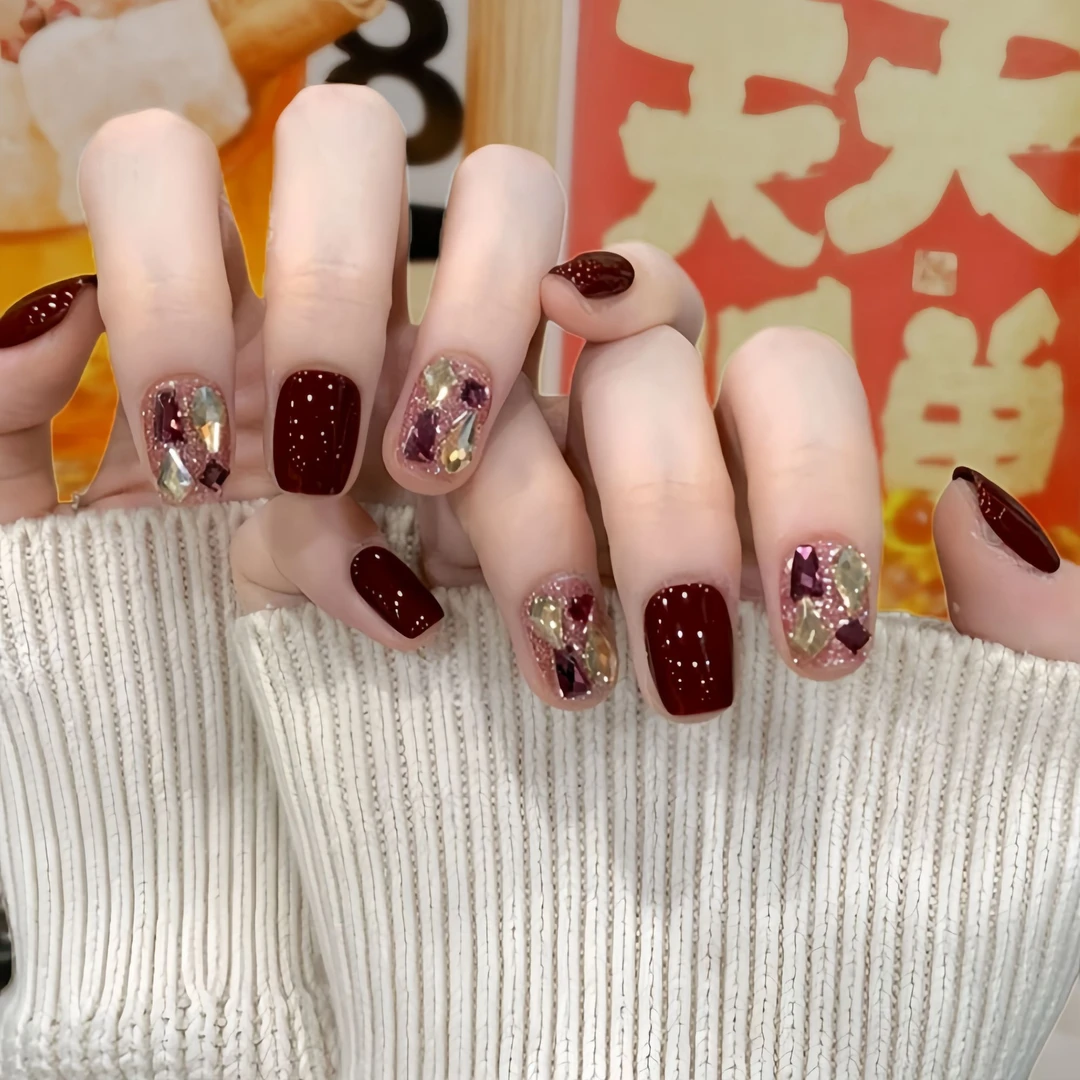 【车厘子】纯手工拆卸穿戴甲酒红镶钻穿戴甲高级显白美甲豹纹贴片