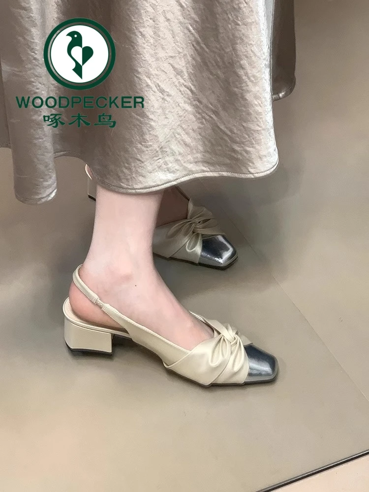 啄木鸟法式粗跟包头凉鞋女外穿2025夏季新款小香风配裙子气质单鞋