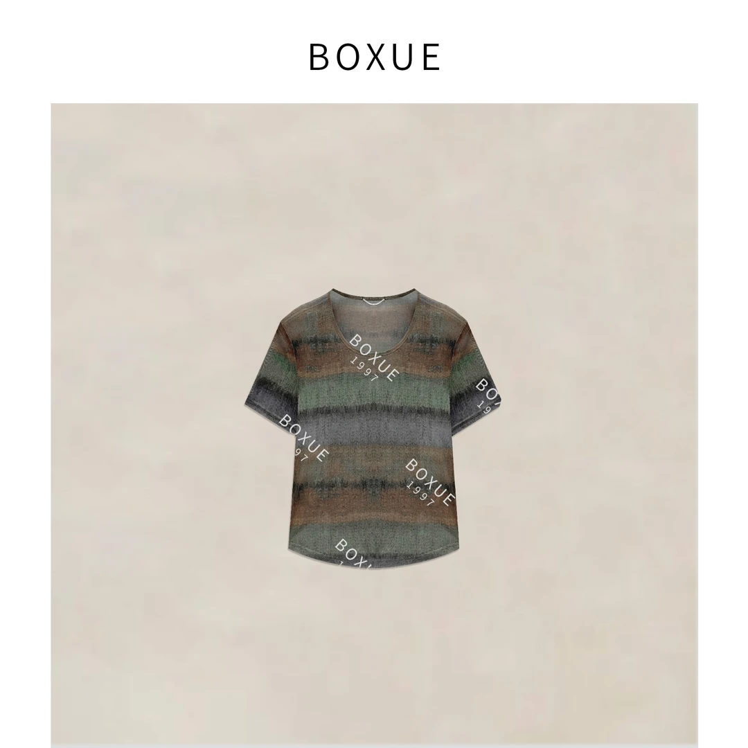 BOXUE “绿色条纹”2025夏季新款设计师扎染百搭 T恤#240521T563