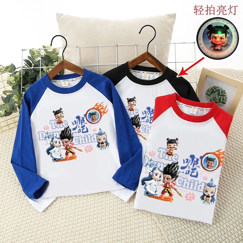 MUMUWU儿童春夏季薄款纯棉长袖T恤男童国潮帅气哪吒敖丙亮灯t上衣
