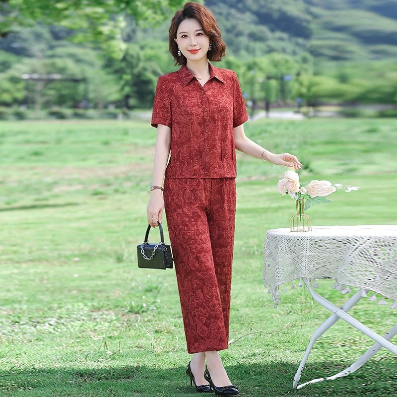 中老年夏季开衫套装妈妈2025新款Polo领宽松短袖九分裤减龄两件套