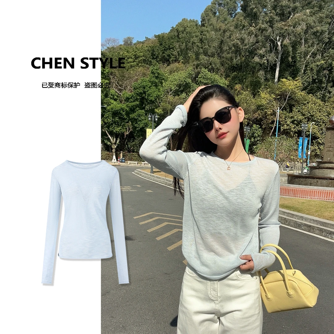 楚楚君~【初恋女主】Y71528春款韩版微透显瘦长袖上衣
