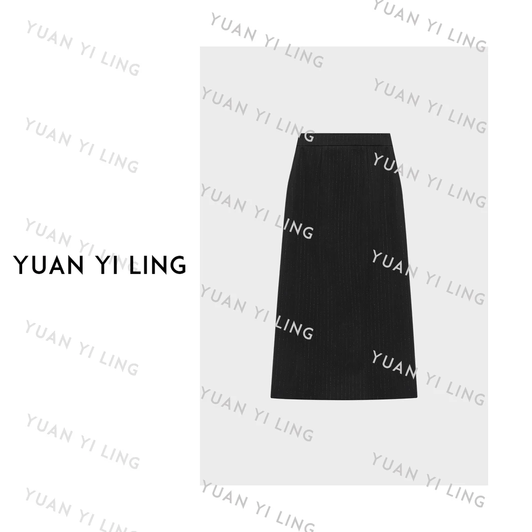 袁艺灵【极简主义】黑色金属丝条纹开衩气质风女装半身裙春季~