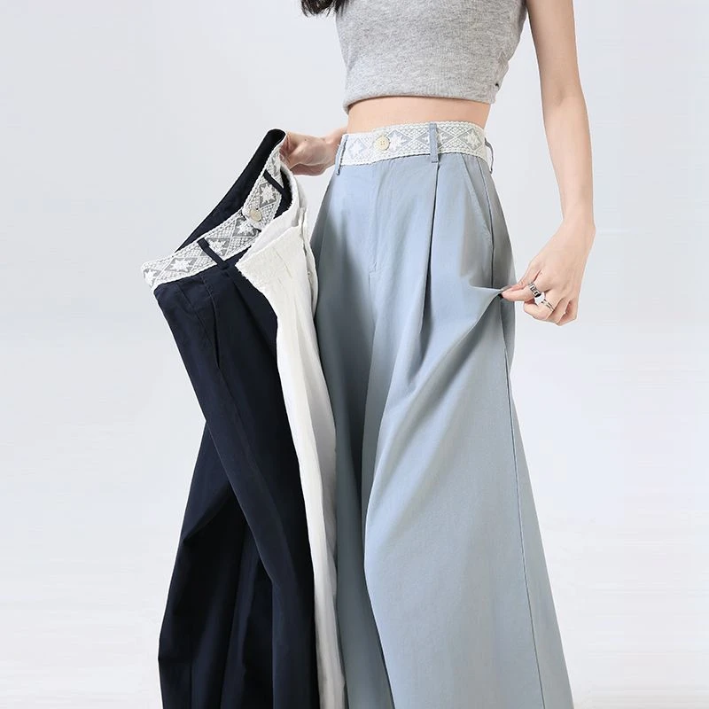 实拍花边天丝棉九分宽松女薄款高腰拼接腰头设计感休闲直筒裤子
