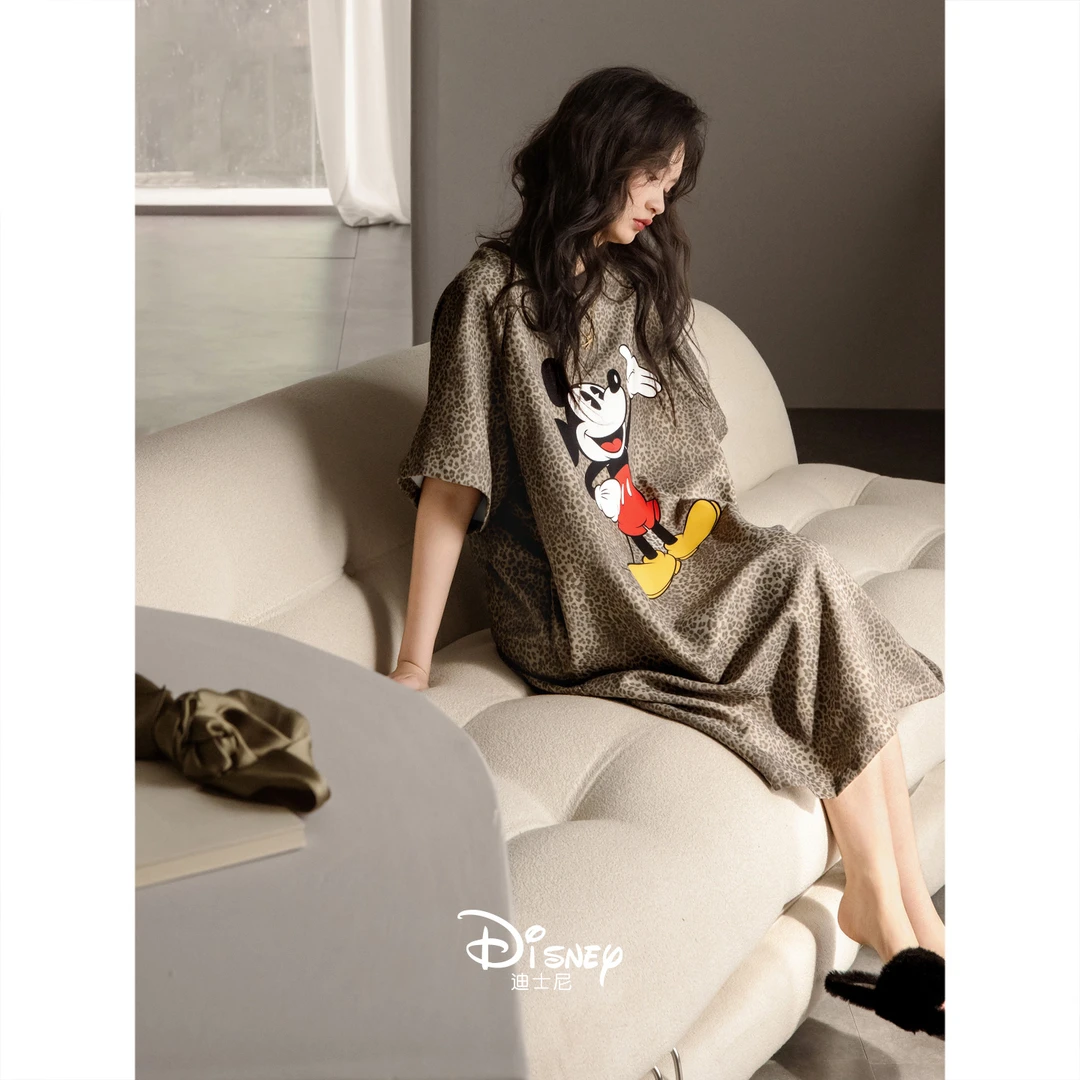 贝妍睡衣女款夏季短袖纯棉米奇睡裙高级感豹纹可外穿大码连衣裙