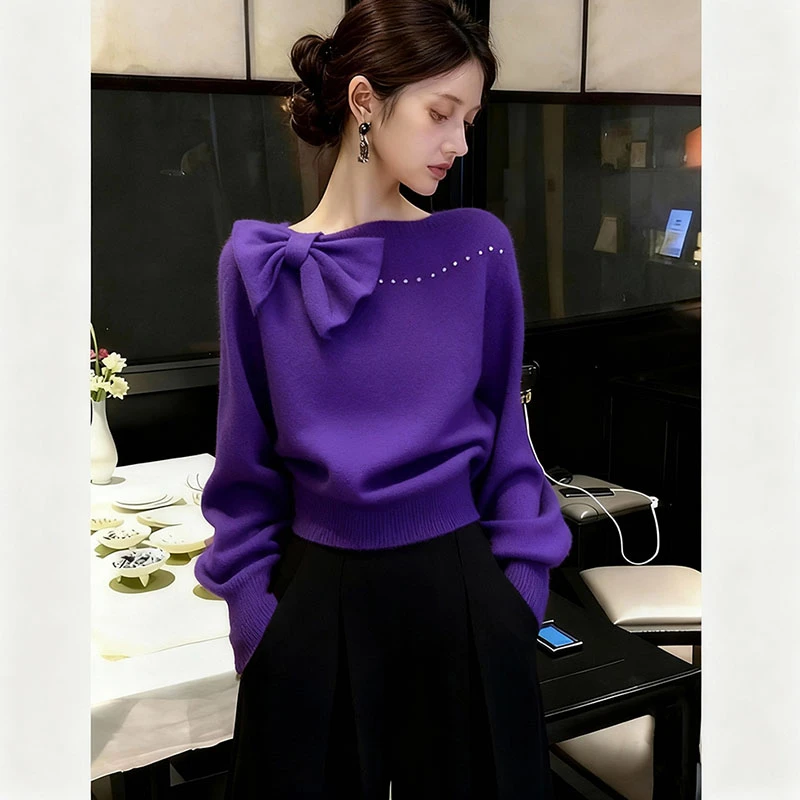 毛衣女款2025新款秋冬巨好看气质高端紫色蝴蝶结内搭针织衫上衣厚