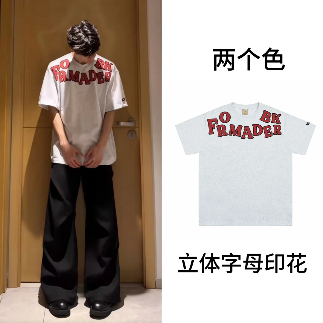 MKSN美式复古立体字母印花短袖T恤男女oversize宽松百搭上衣潮