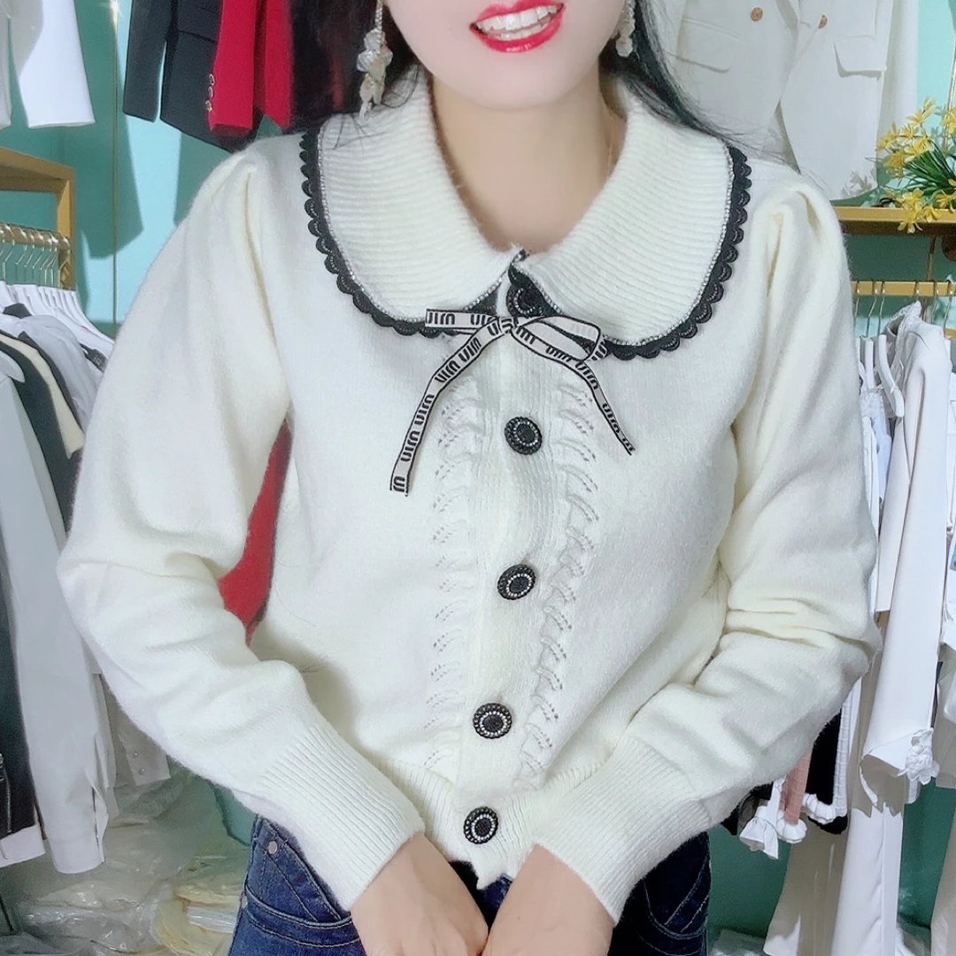 娃娃领套头款女长袖娃娃毛针织衫毛衣时尚白色