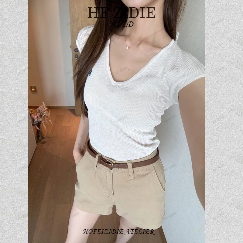 HF-ZIDIE夏季新款小马修身显瘦小飞袖T恤坑条针织低V领上衣QW104